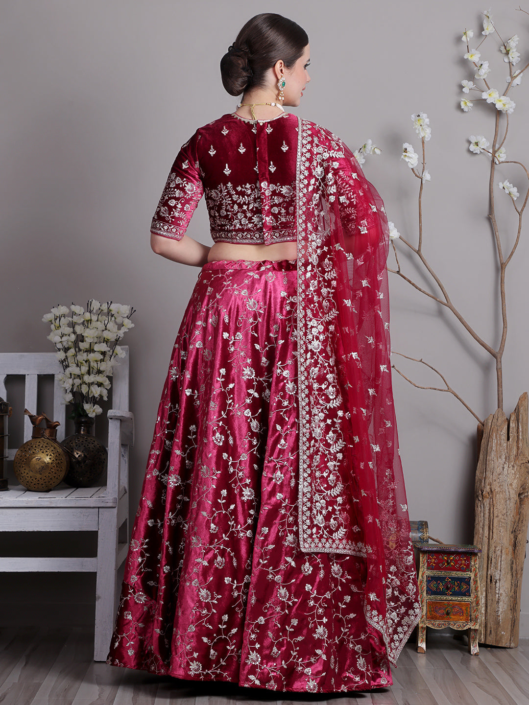 Bollywood Vogue Ready To Wear Classic Blouse With Pink Velvet Embroidered Lehenga - Back View
