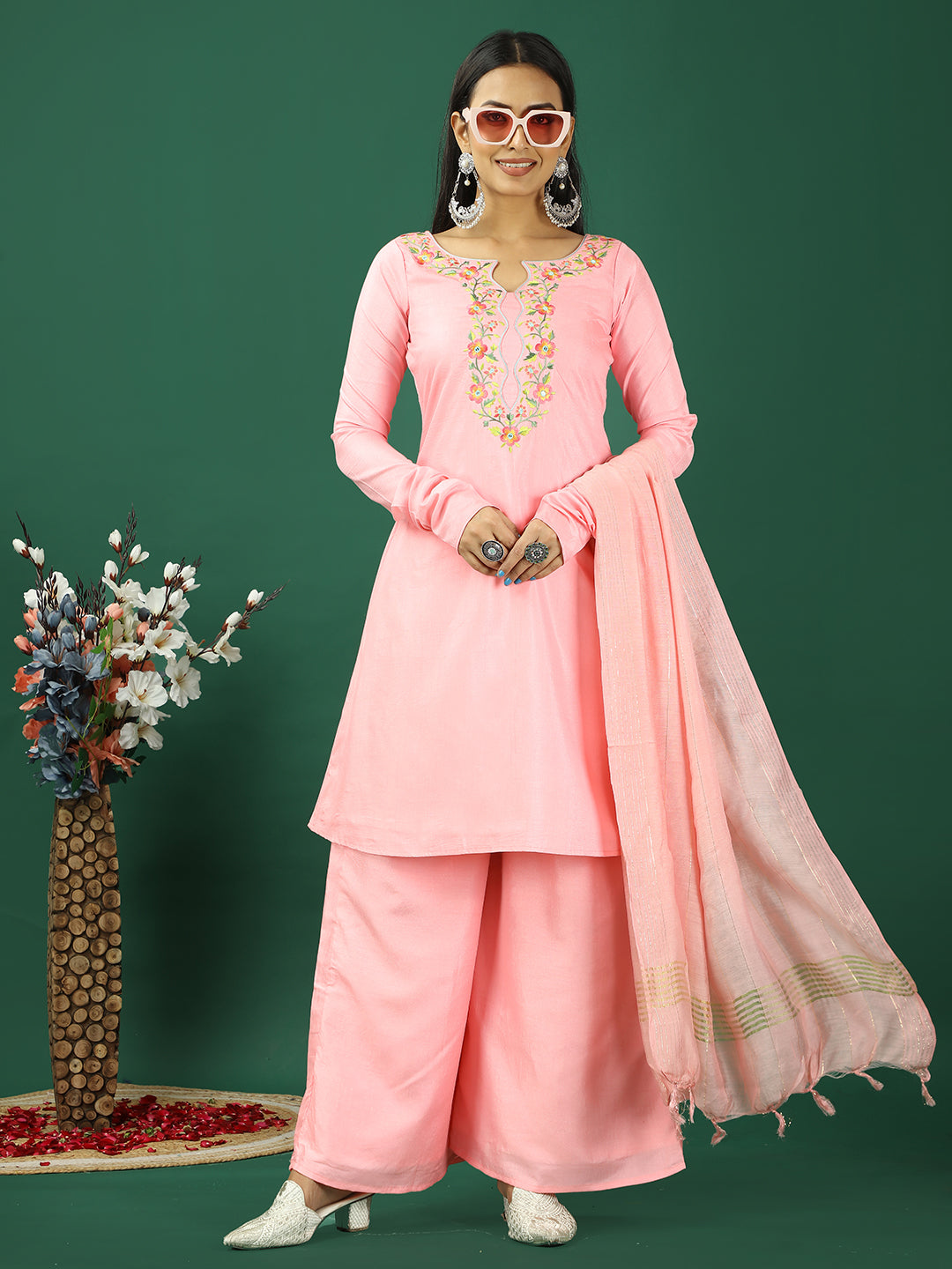 Bollywood Vogue Ready To Wear Pink Art Silk Embroidered Straight Pant Suit - Front View