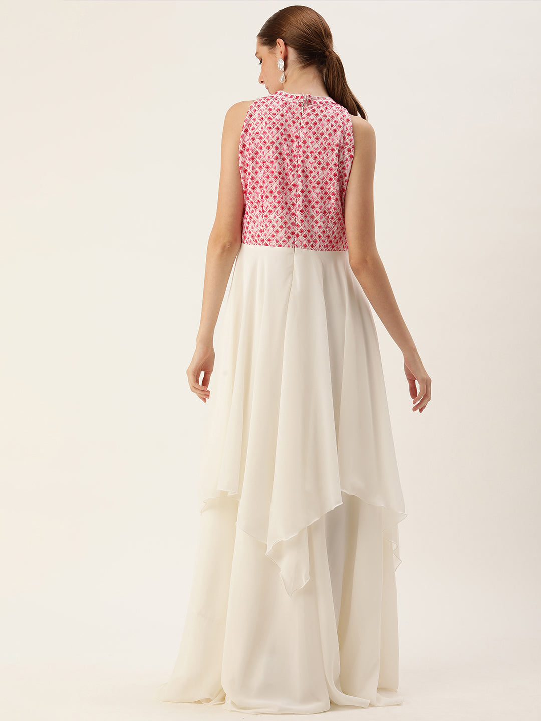 Bollywood Vogue Ready To Wear Off White Embroidered Georgette Halter Neck - Back View