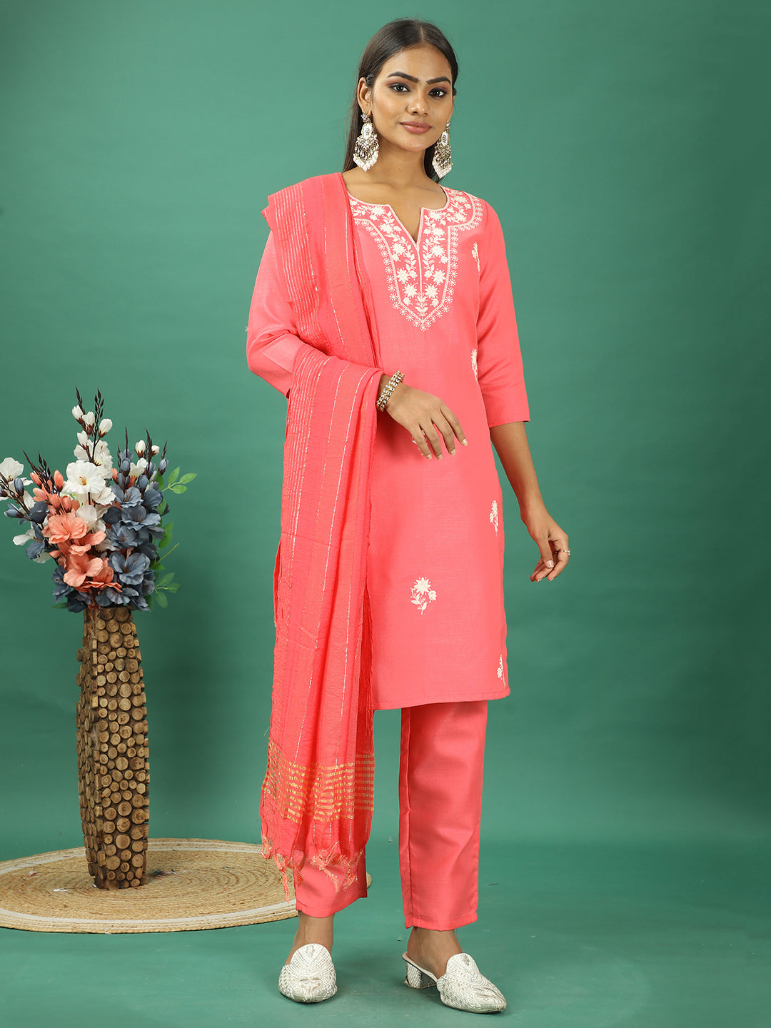 Bollywood Vogue Ready To Wear Coral Rayon Embroidered Straight Pant Suit - Front View