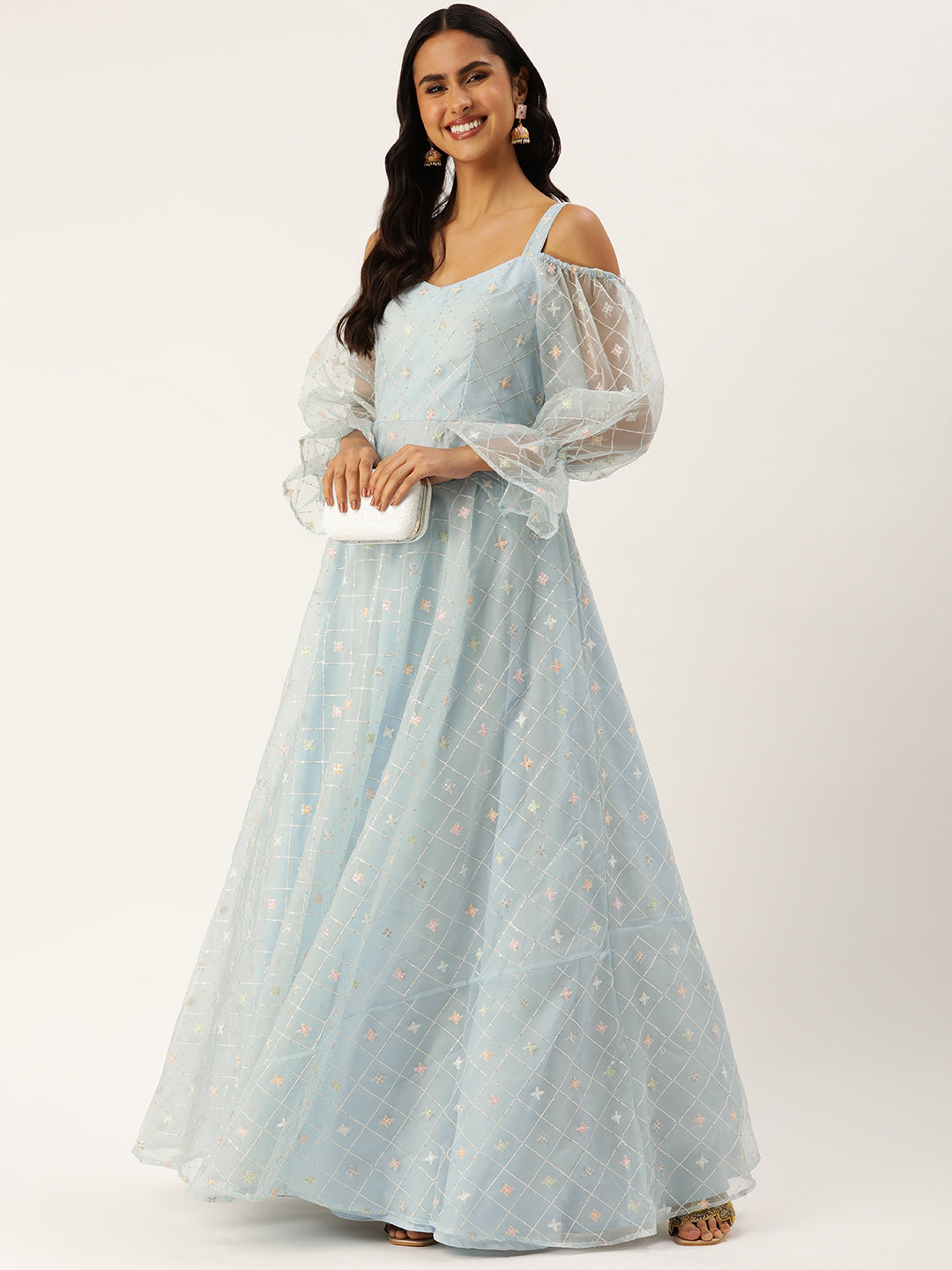 Bollywood Vogue Ready To Wear Light Blue Embroidered Organza Gown - Front View