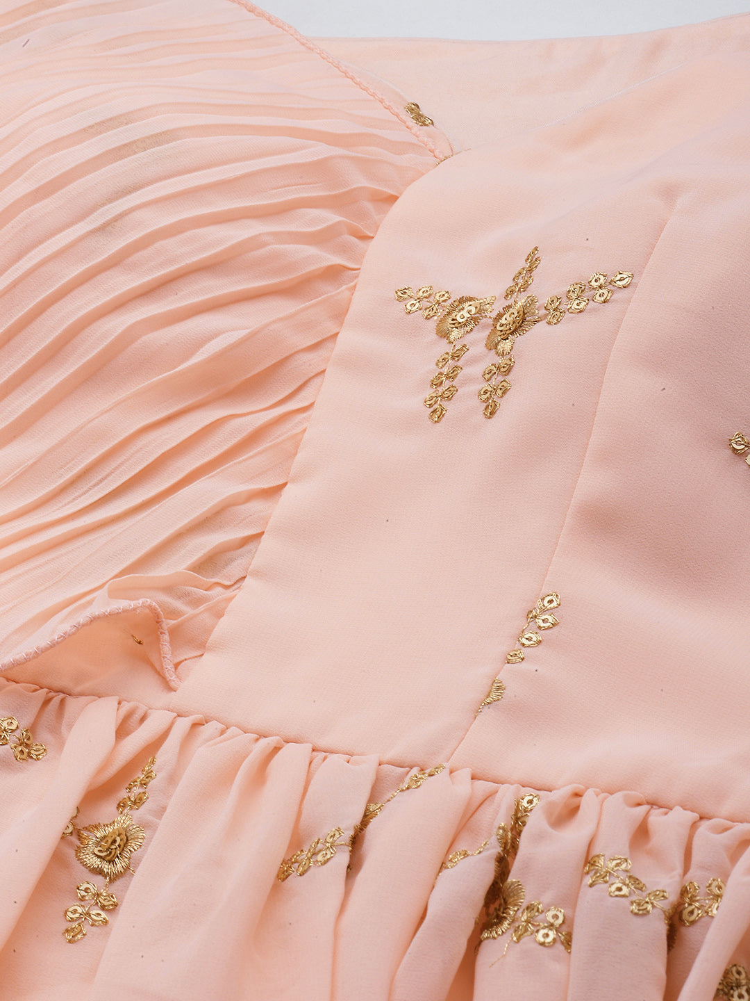 Bollywood Vogue Ready To Wear Peach Embroidered Pleated Georgette Gown - Detail View
