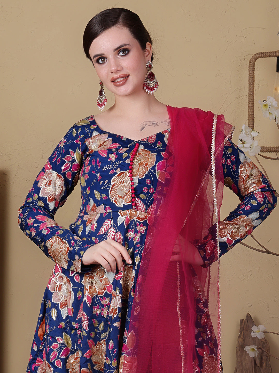 Bollywood Vogue Ready To Wear Blue Viscose Printed N Pink Chinon Anarkali Suit - Look Shot