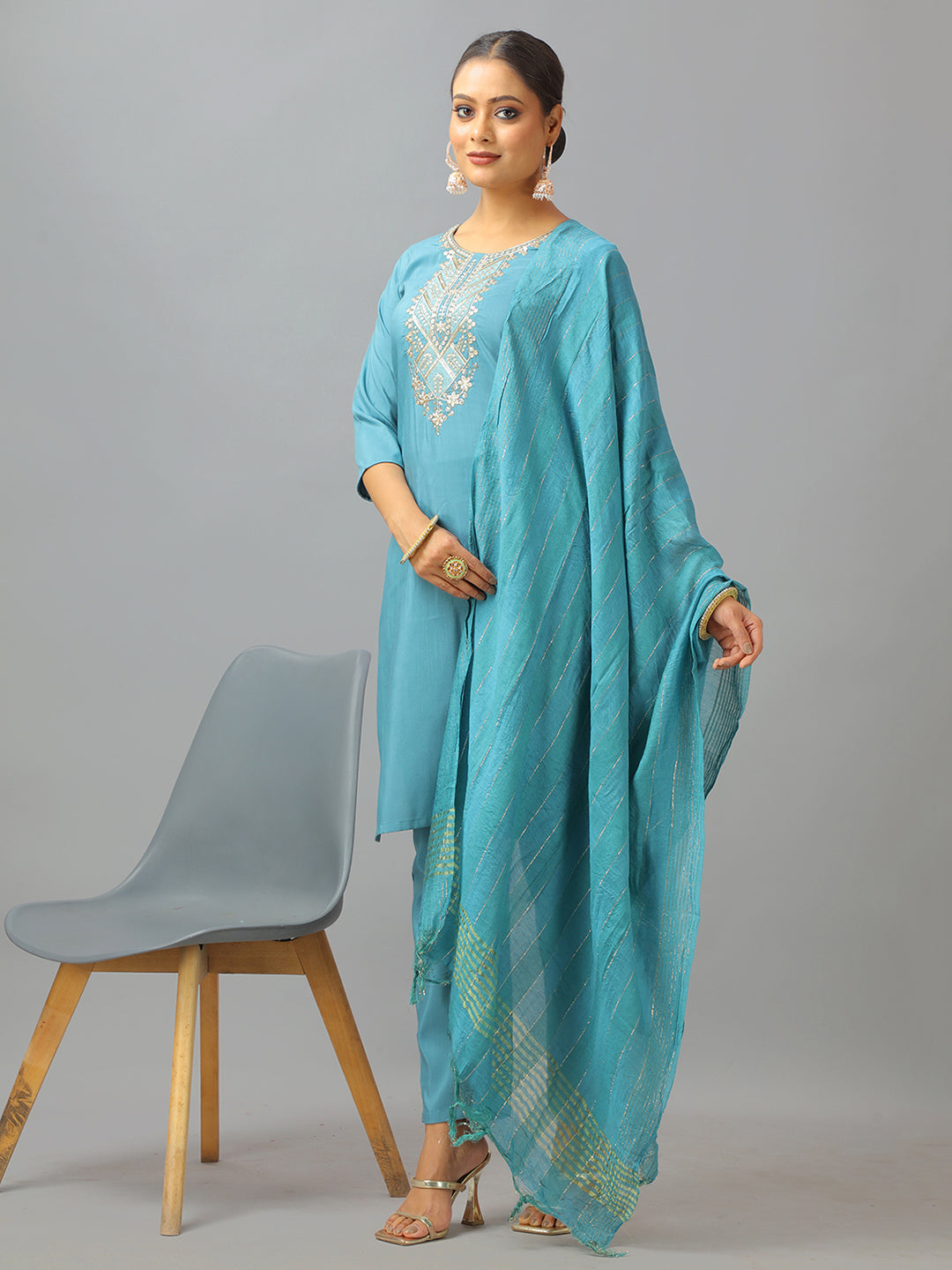 Bollywood Vogue Ready To Wear Blue Art Silk Embroidered Straight Pant Suit - Side View