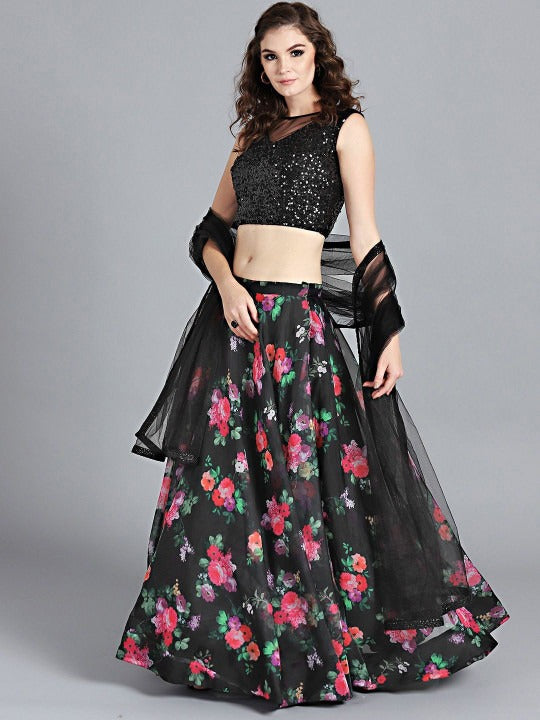 Bollywood Vogue Ready To Wear Plunge Black Printed Organza Lehenga - Side View