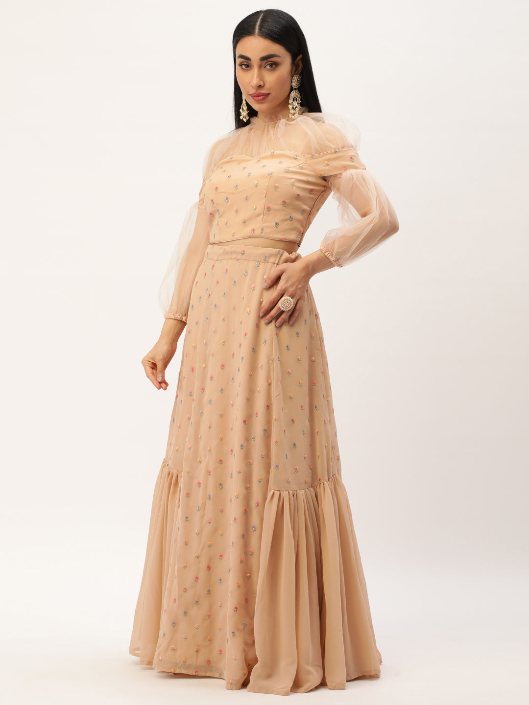 Bollywood Vogue Ready To Wear Peach Georgette Embroidered Lehenga Set - Additional View 1