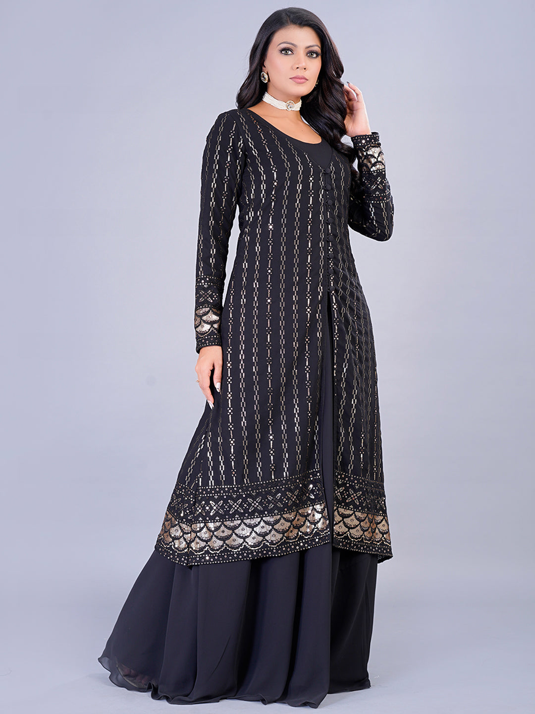 Bollywood Vogue Ready To Wear Embroidered Black Georgette Jacket Gown - Front View