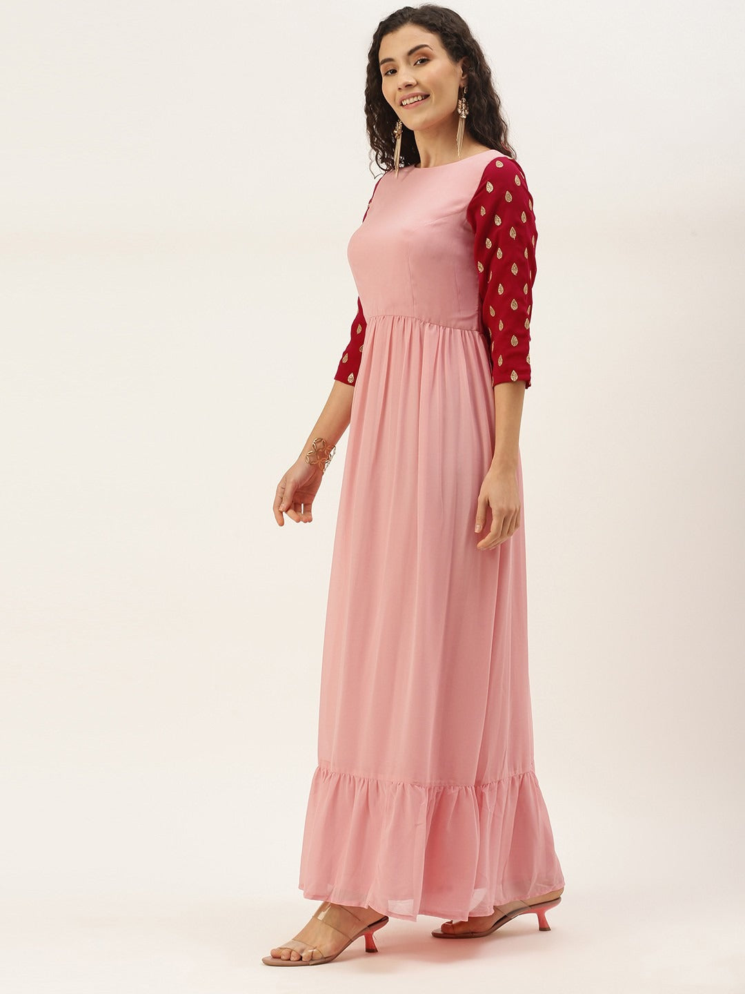 Bollywood Vogue Ready To Wear Pink Georgette N Magenta Embroidered Dress - Side View