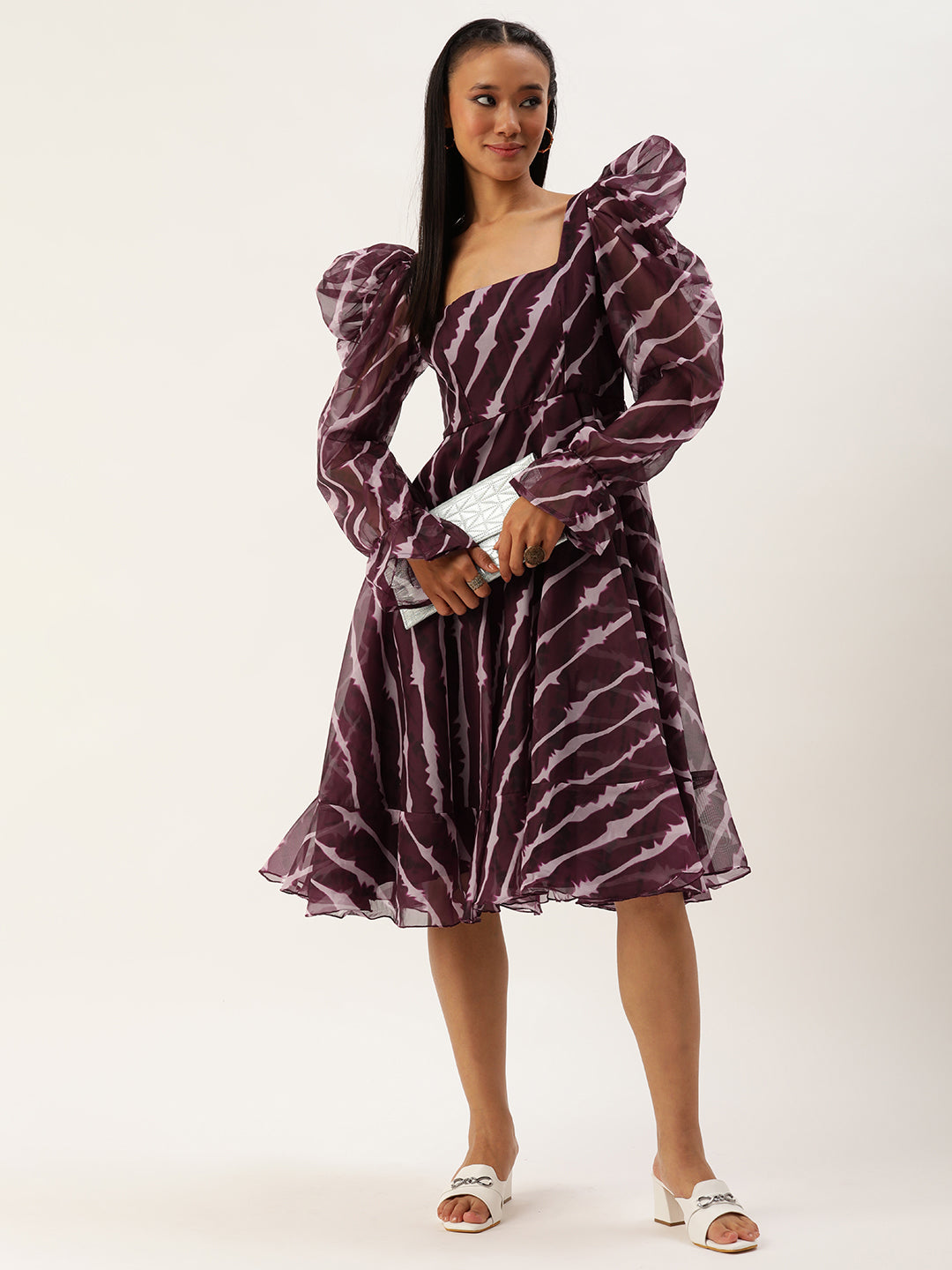 Bollywood Vogue Ready To Wear Wine Digital Printed Organza Dress - Front View