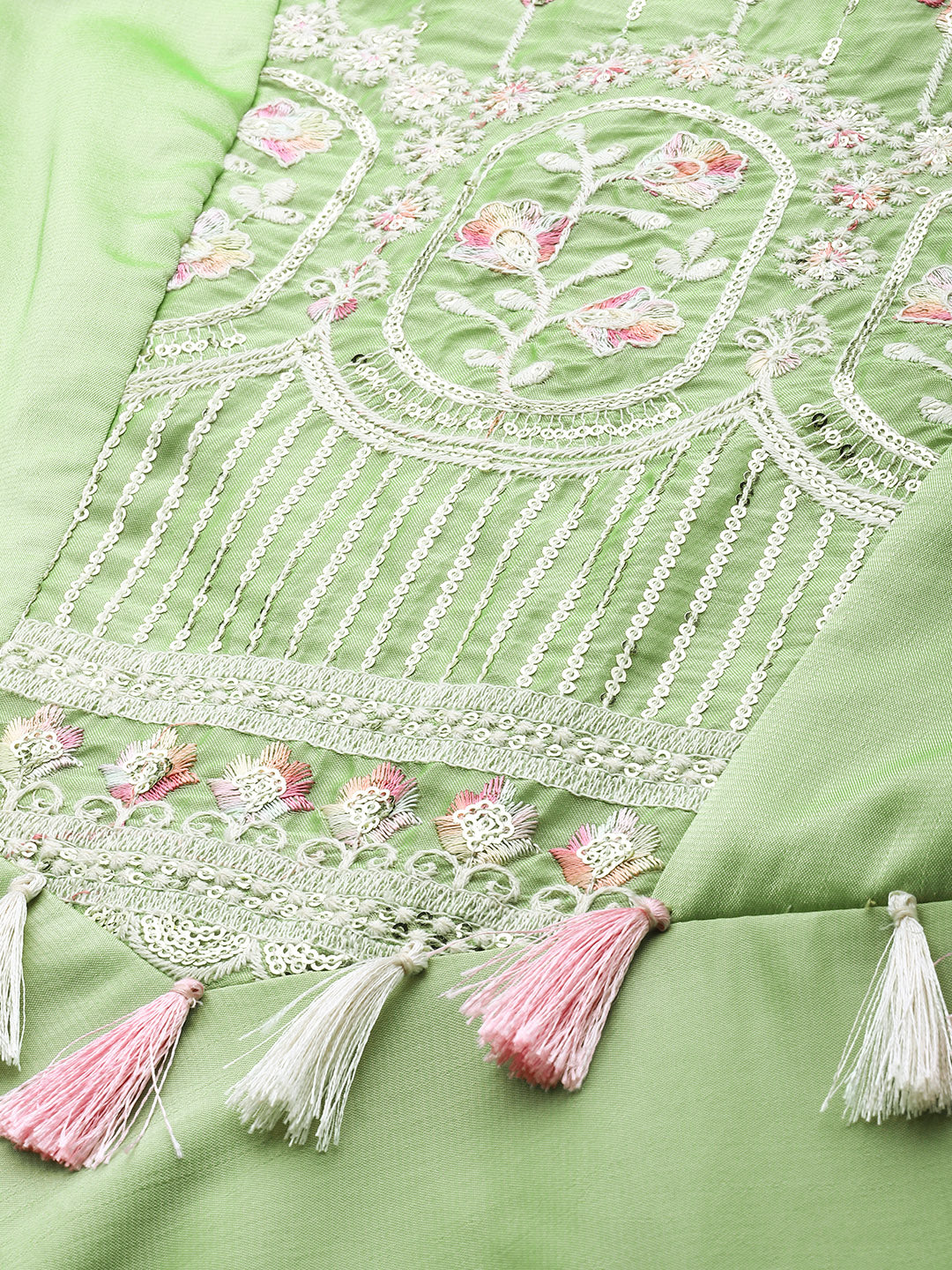 Bollywood Vogue Ready To Wear Green Art Silk Embroidered Patch Style Gown - Detail View