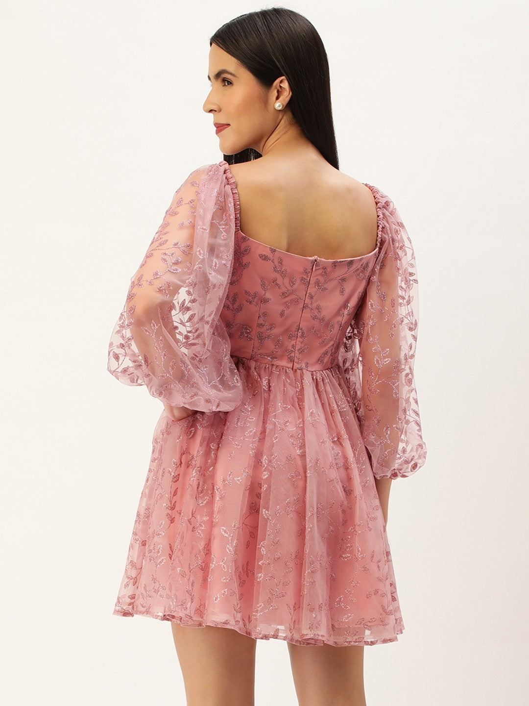 Bollywood Vogue Ready To Wear Pink Foil Printed Net Dress - Back View