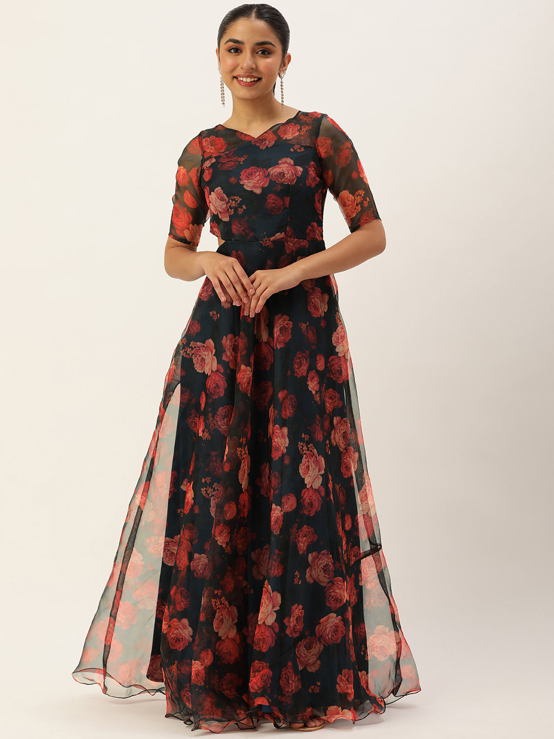 Bollywood Vogue Ready To Wear Blue Digital Printed Organza Gown - Front View