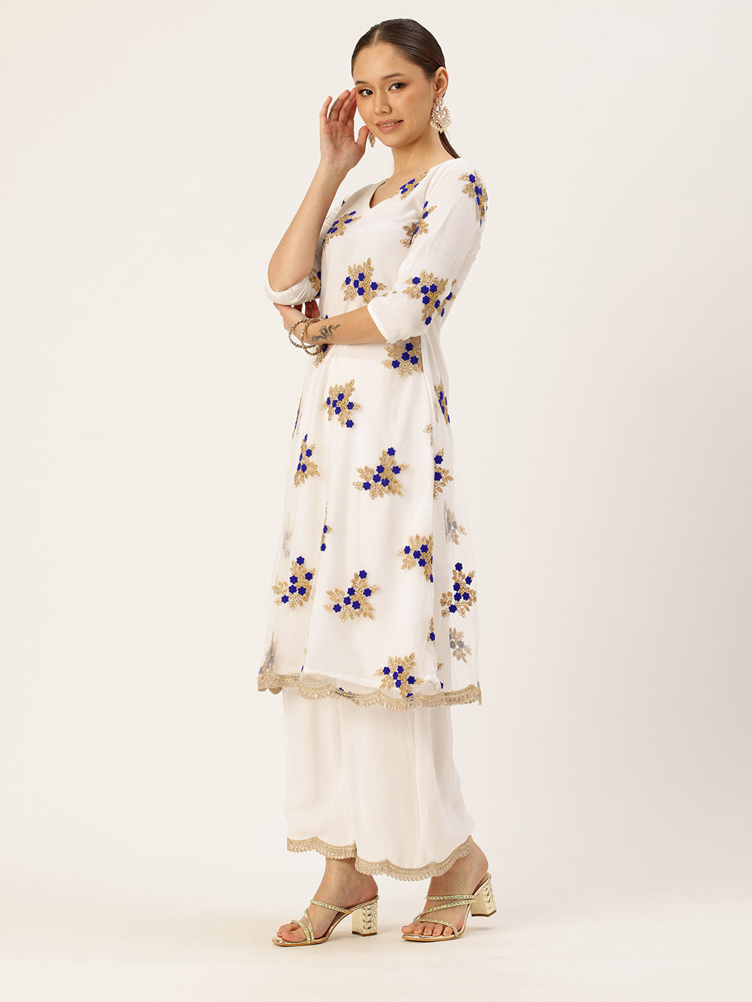 Bollywood Vogue Ready To Wear White Embroidered Net Wide Leg Pant Suit - Side View