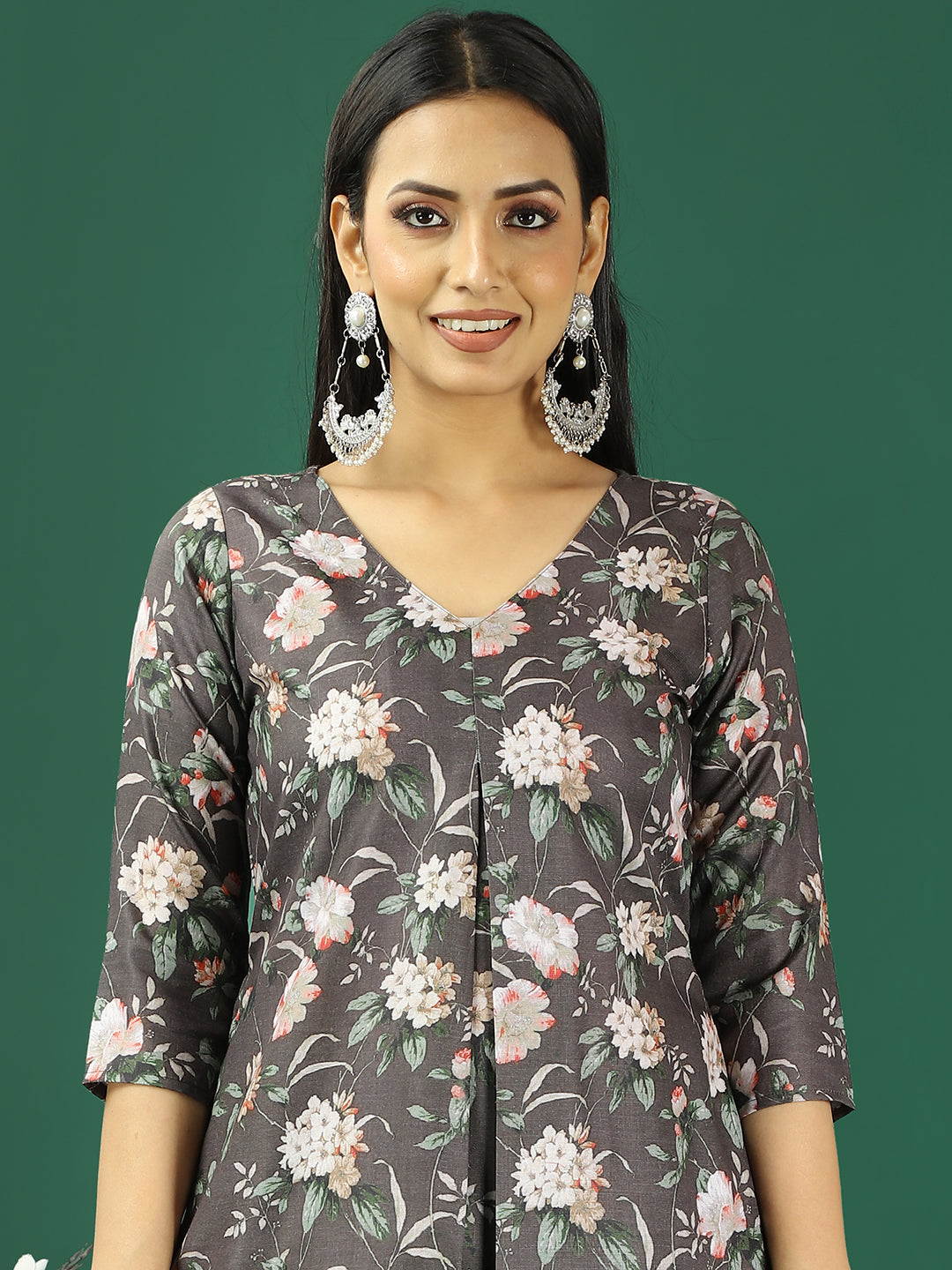 Bollywood Vogue Ready To Wear Grey Printed Cotton Box Pleat Style Kurta Set - Additional View 1