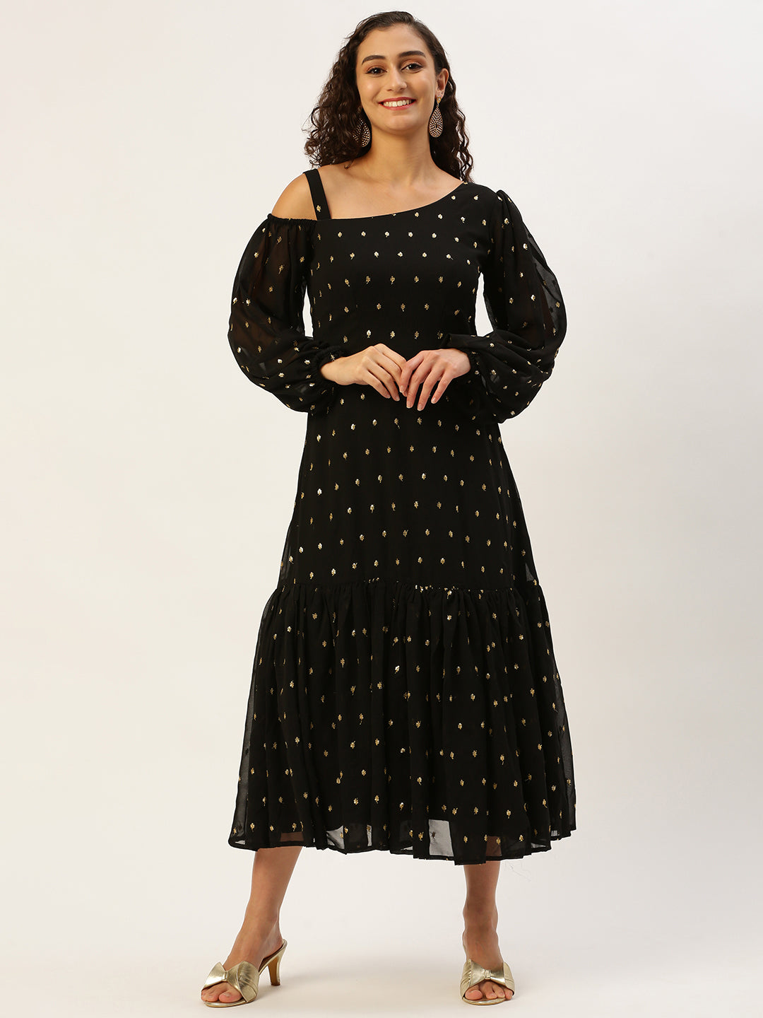 Bollywood Vogue Ready To Wear Black Georgette Embroidered Dress - Front View