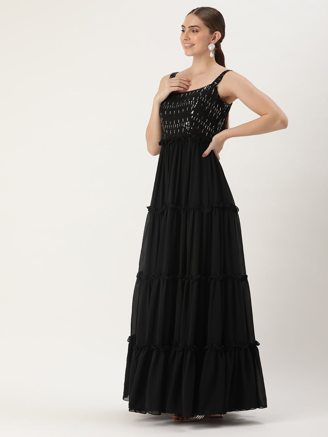 Bollywood Vogue Ready To Wear Black Georgette Sequins Gown - Side View