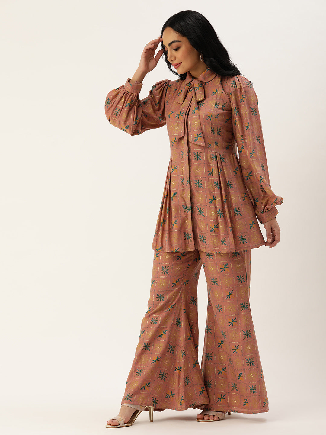 Bollywood Vogue Ready To Wear Peach Foil Print Muslin Co Ords Set - Back View