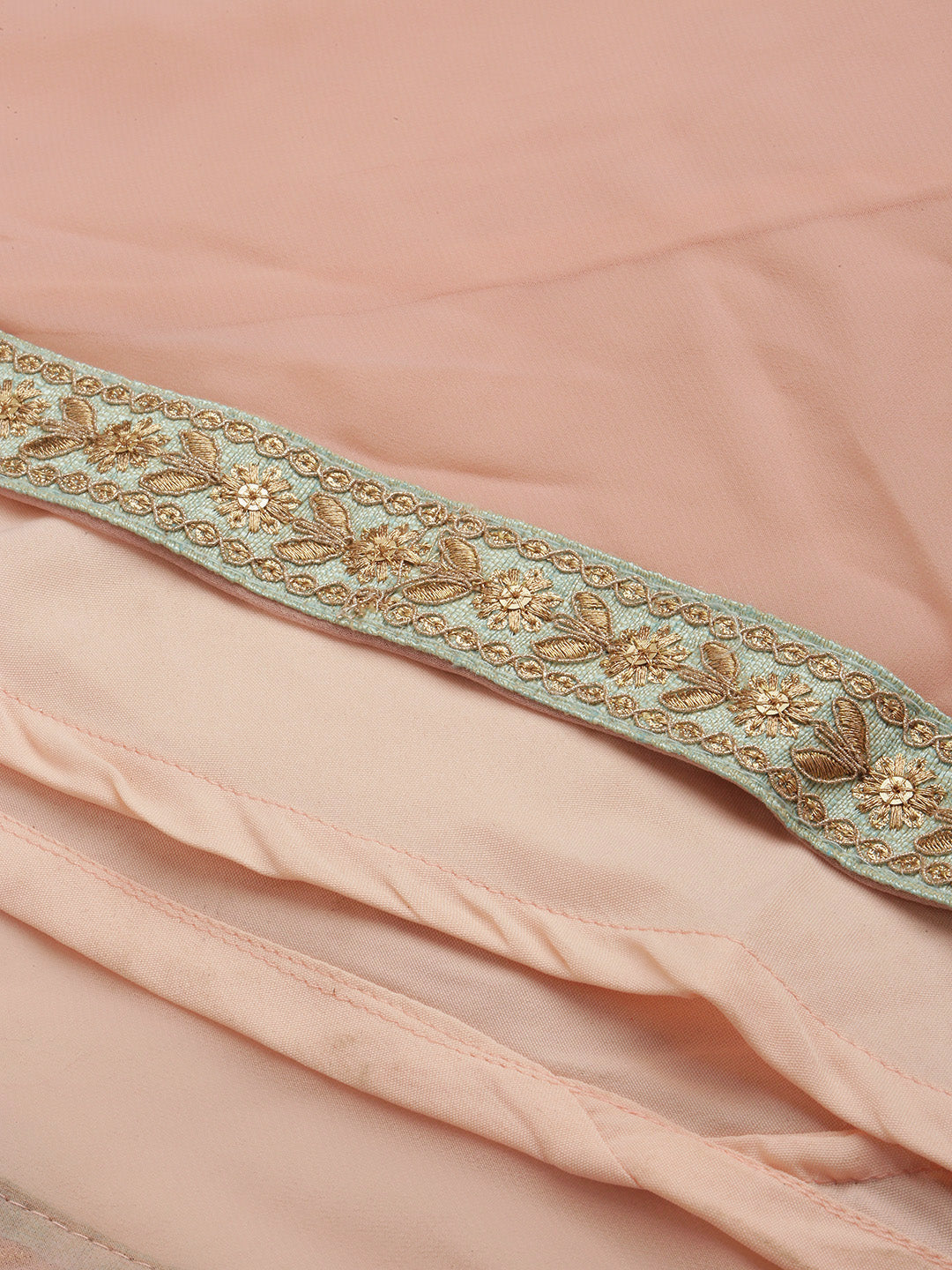 Bollywood Vogue Ready To Wear Yellow N Pink Embroidered Layered Lehenga Set - Detail View