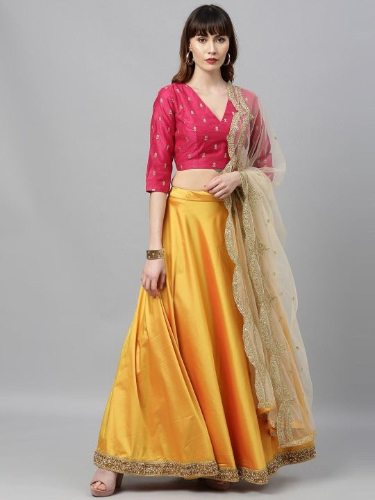 Bollywood Vogue Ready To Wear Yellow N Pink Embroidered Lehenga Set - Front View