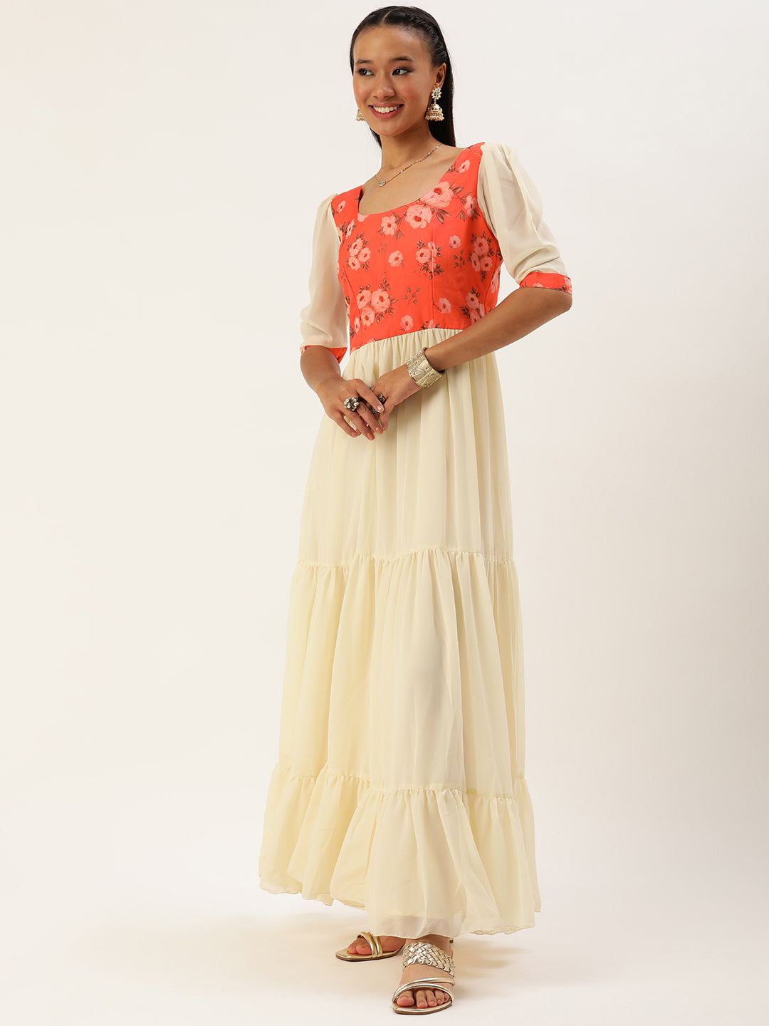 Bollywood Vogue Ready To Wear Orange N Off White Printed Dress - Front View