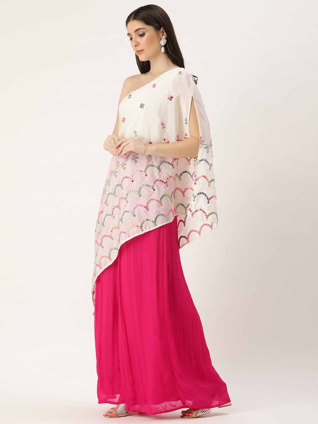 Bollywood Vogue Ready To Wear Cream N Pink Chinon Embroidered Top N Palazzo Set - Side View