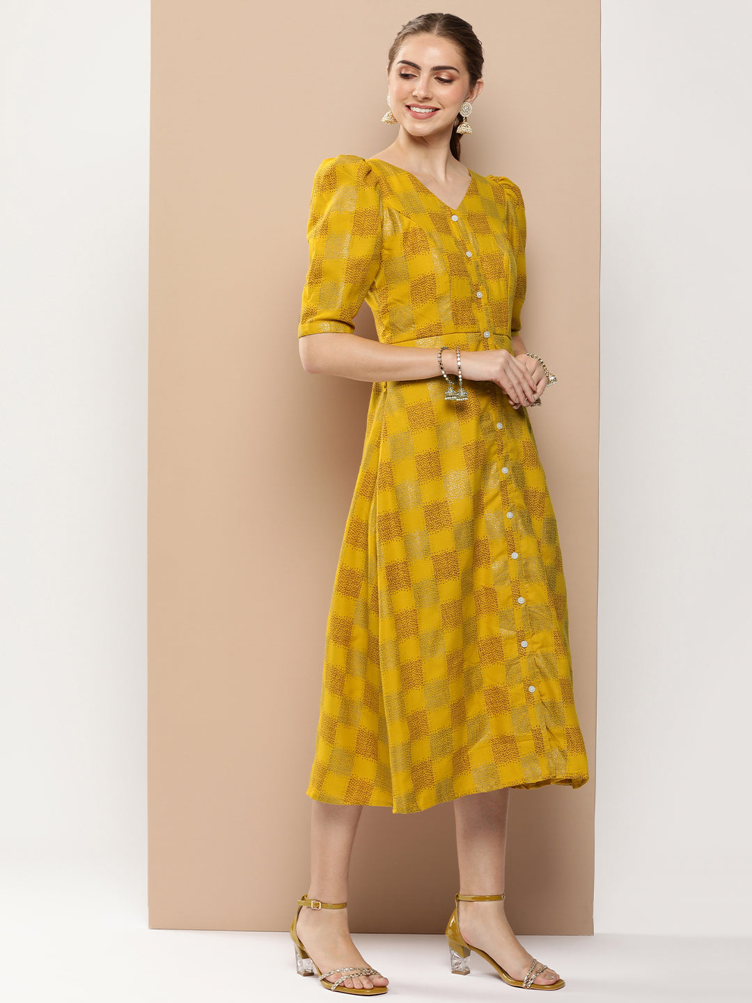 Bollywood Vogue Ready To Wear Mustard Rayon Printed A-Line Dress - Side View