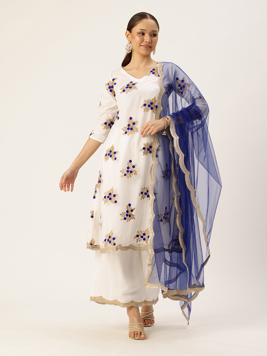 Bollywood Vogue Ready To Wear White Embroidered Net Wide Leg Pant Suit - Front View