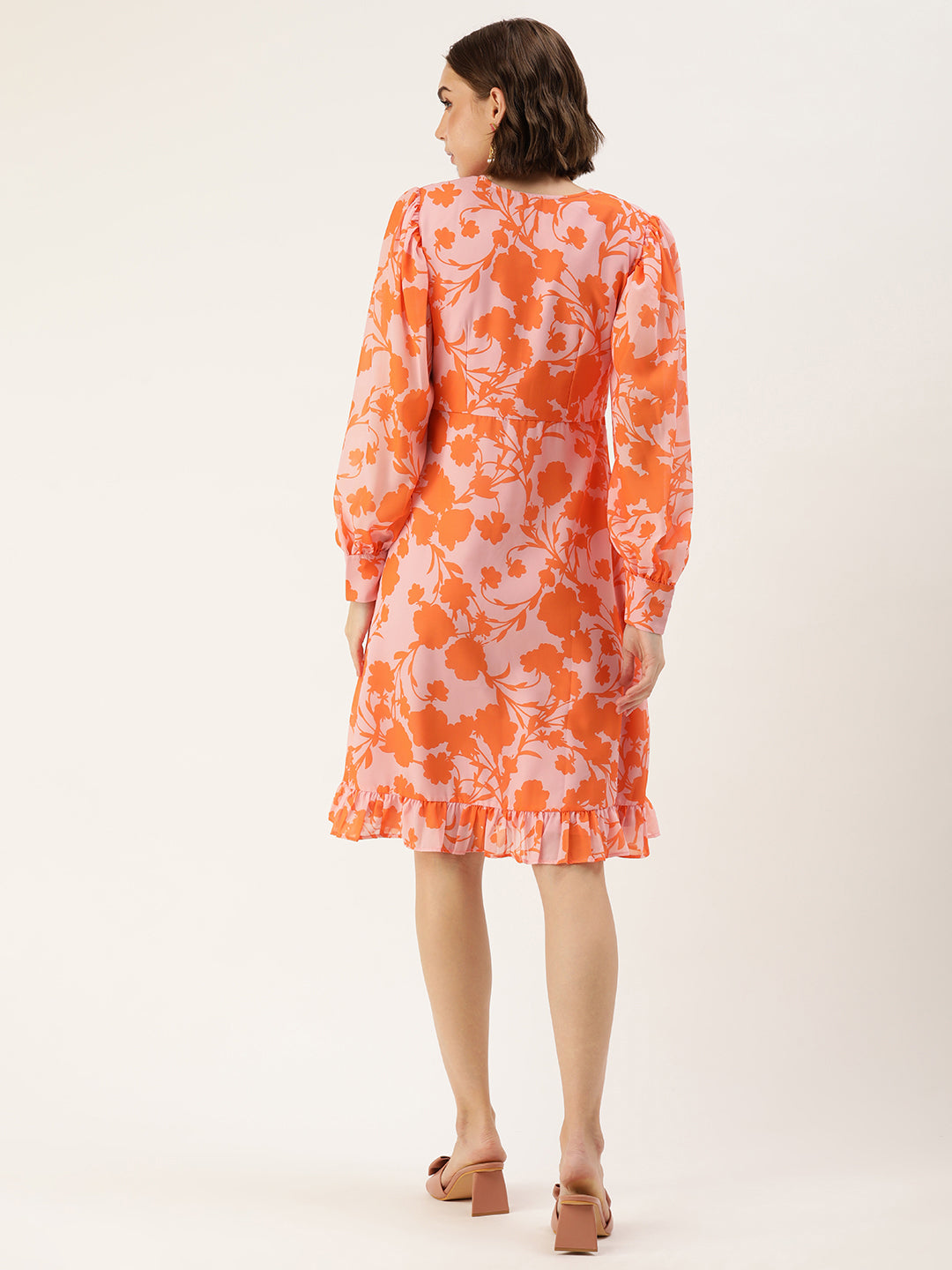 Bollywood Vogue Ready To Wear Pink N Orange Printed Georgette Dress - Back View