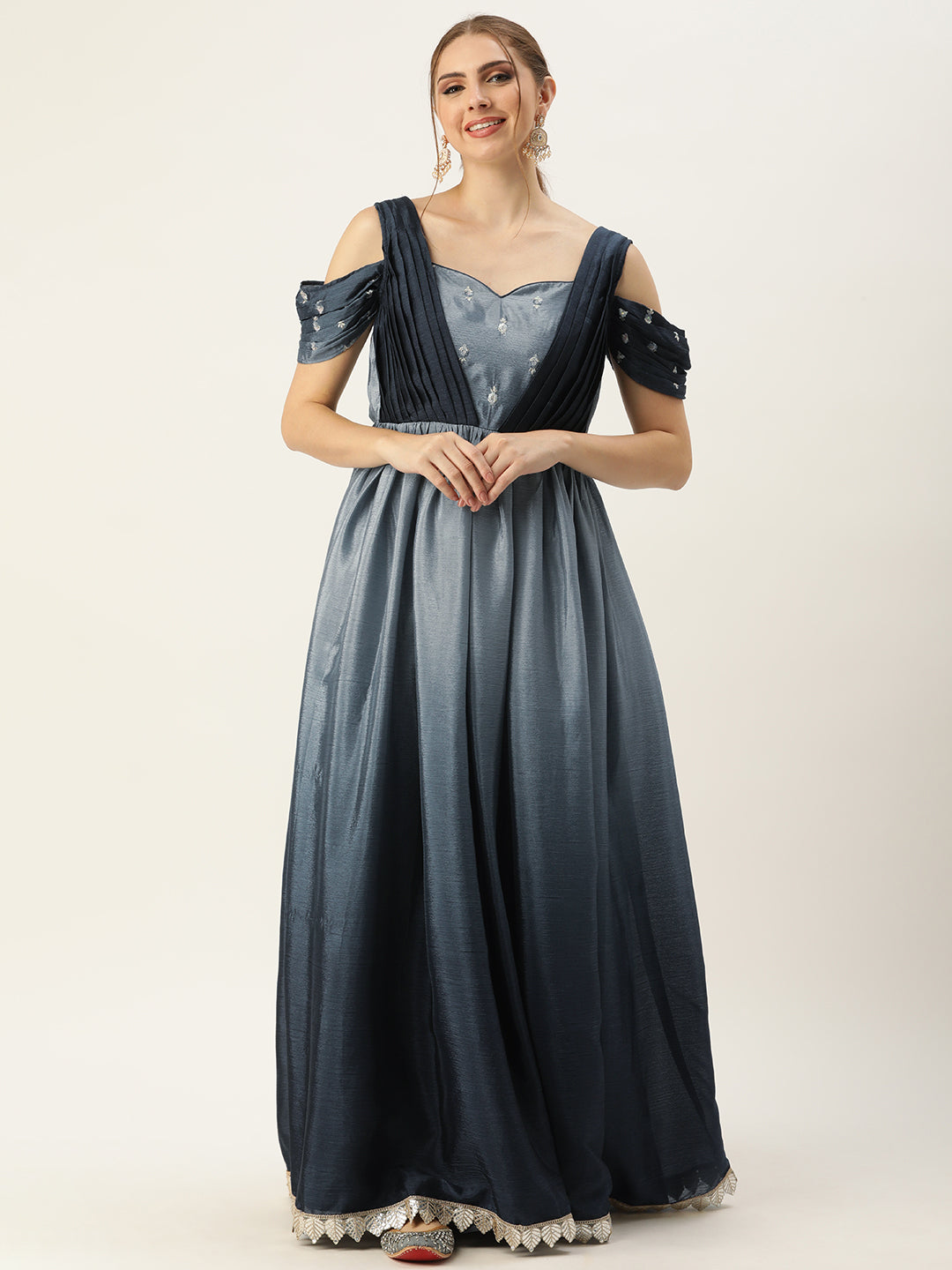Bollywood Vogue Ready To Wear Grey Chinon Ombre N Embroidered Draped Style Gown - Front View