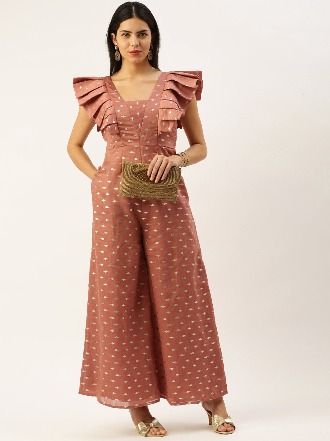 Bollywood Vogue Ready To Wear Peach Foil Printed Elaborated Sleeve Jumpsuit - Front View