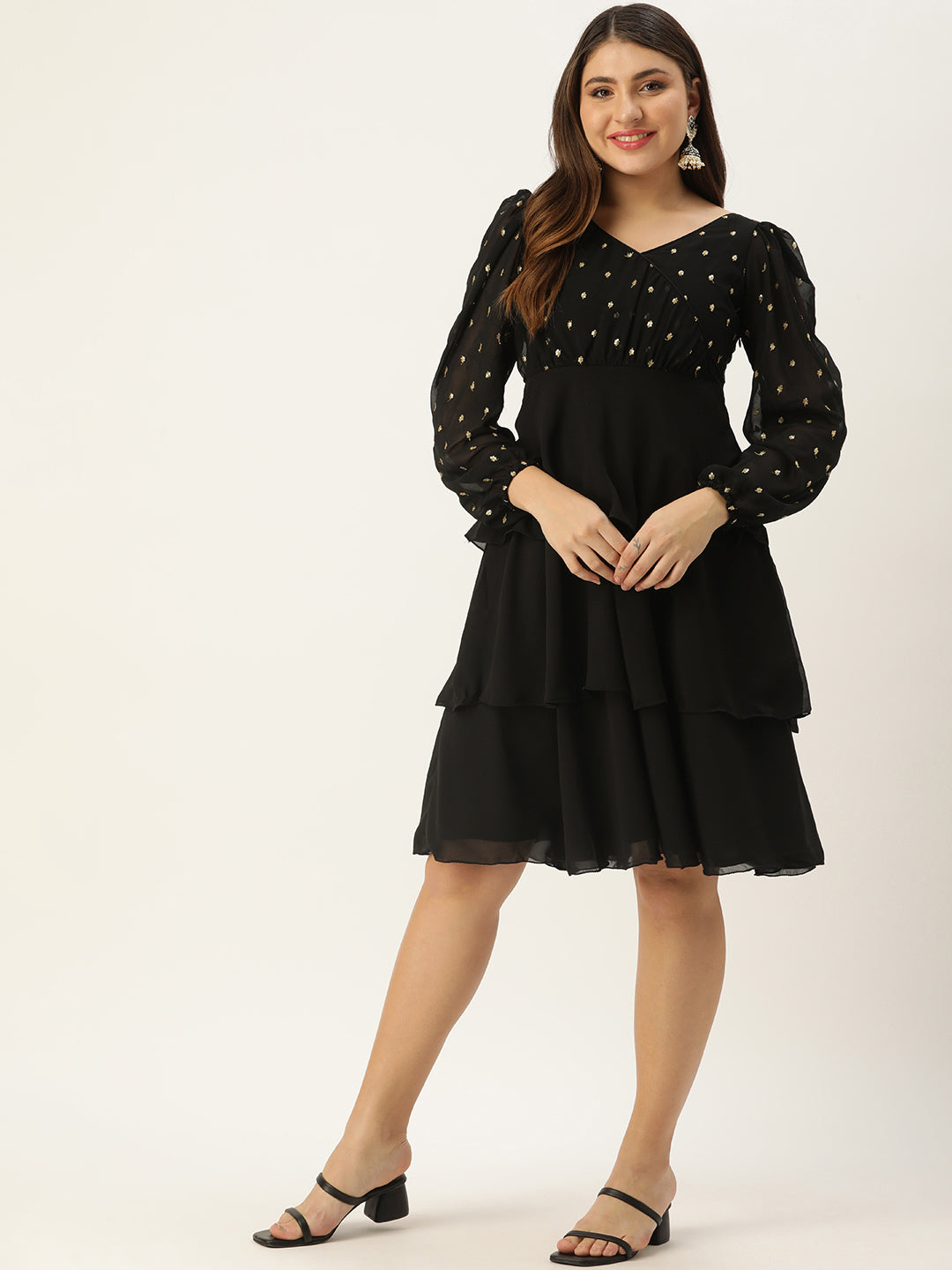 Bollywood Vogue Ready To Wear Black Georgette Embroidered Layered Dress - Front View