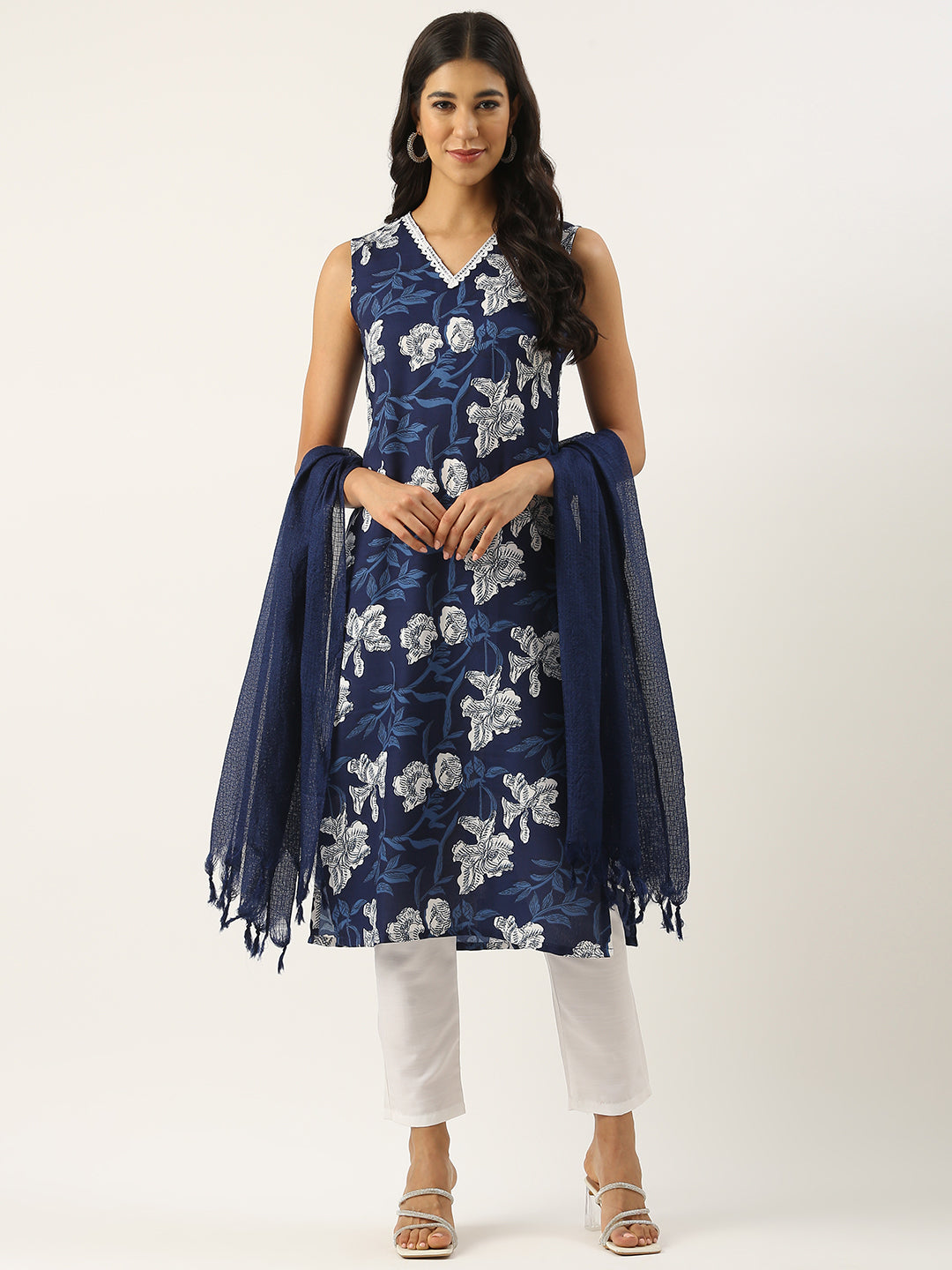 Bollywood Vogue Ready To Wear Blue Rayon Mill Printed Straight Pant Suit - Additional View 1