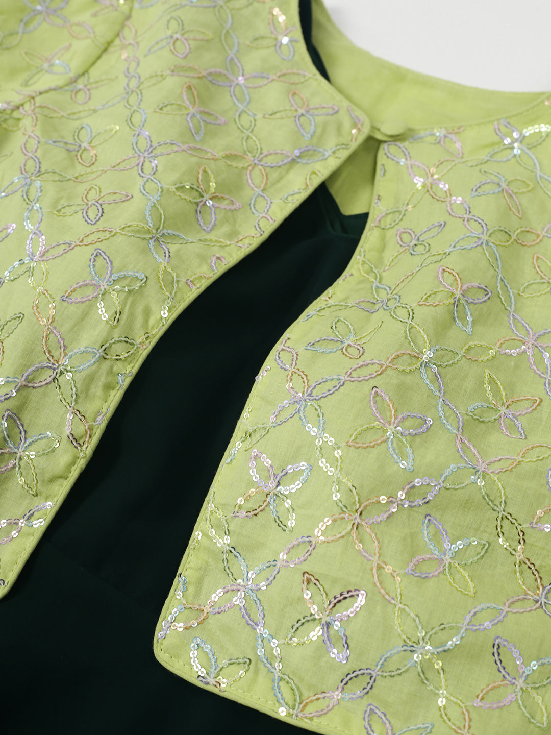 Bollywood Vogue Ready To Wear Green Cotton Embroidered Jacket Style Gown - Additional View 2