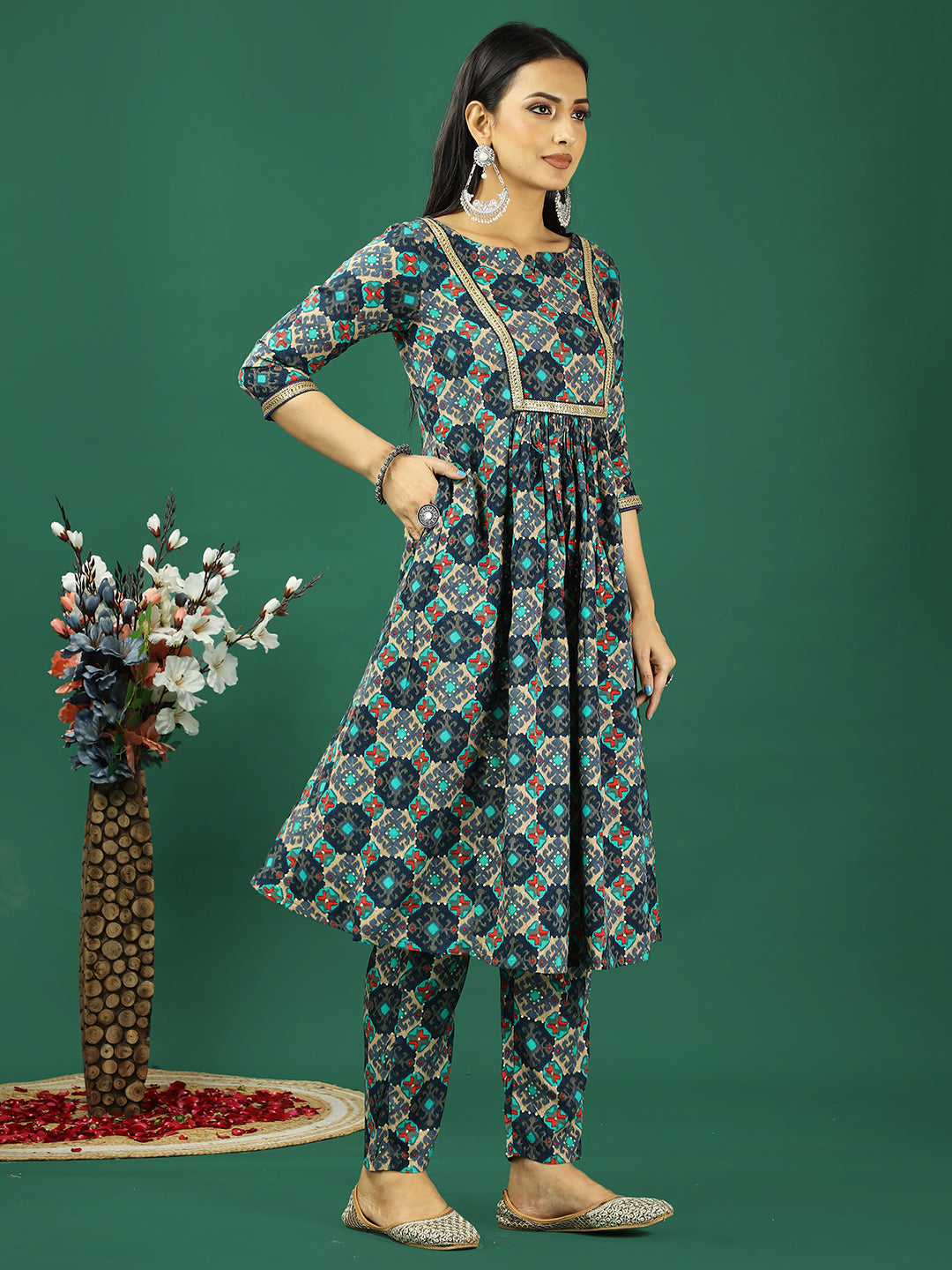 Bollywood Vogue Ready To Wear Blue Printed Viscose Kurta Straight Pant Set - Look Shot