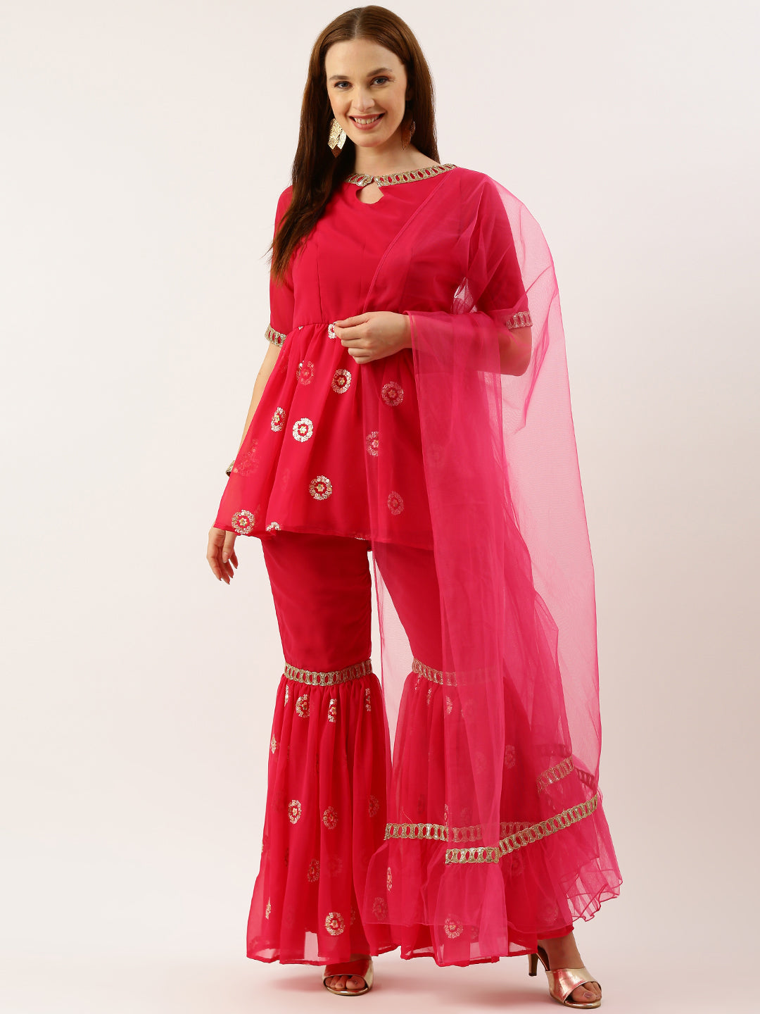 Bollywood Vogue Ready To Wear Dark Pink Georgette Embroidered Gharara Suit Set - Detail View