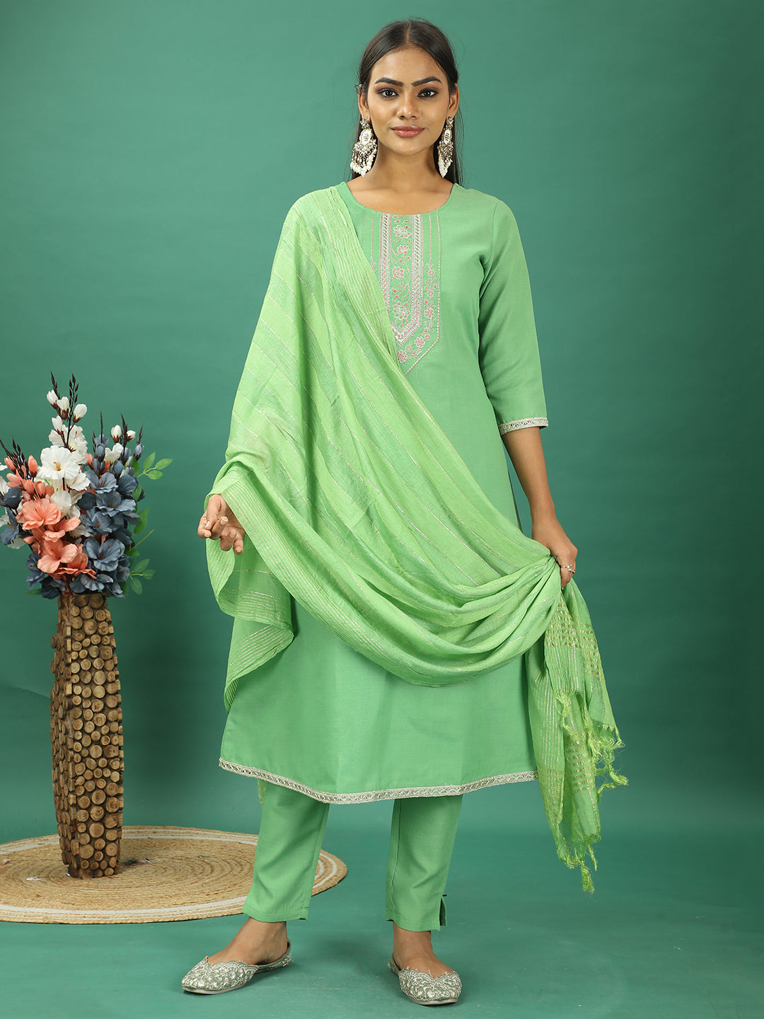Bollywood Vogue Ready To Wear Green Rayon Embroidered Narrow Straight Pant Suit - Front View