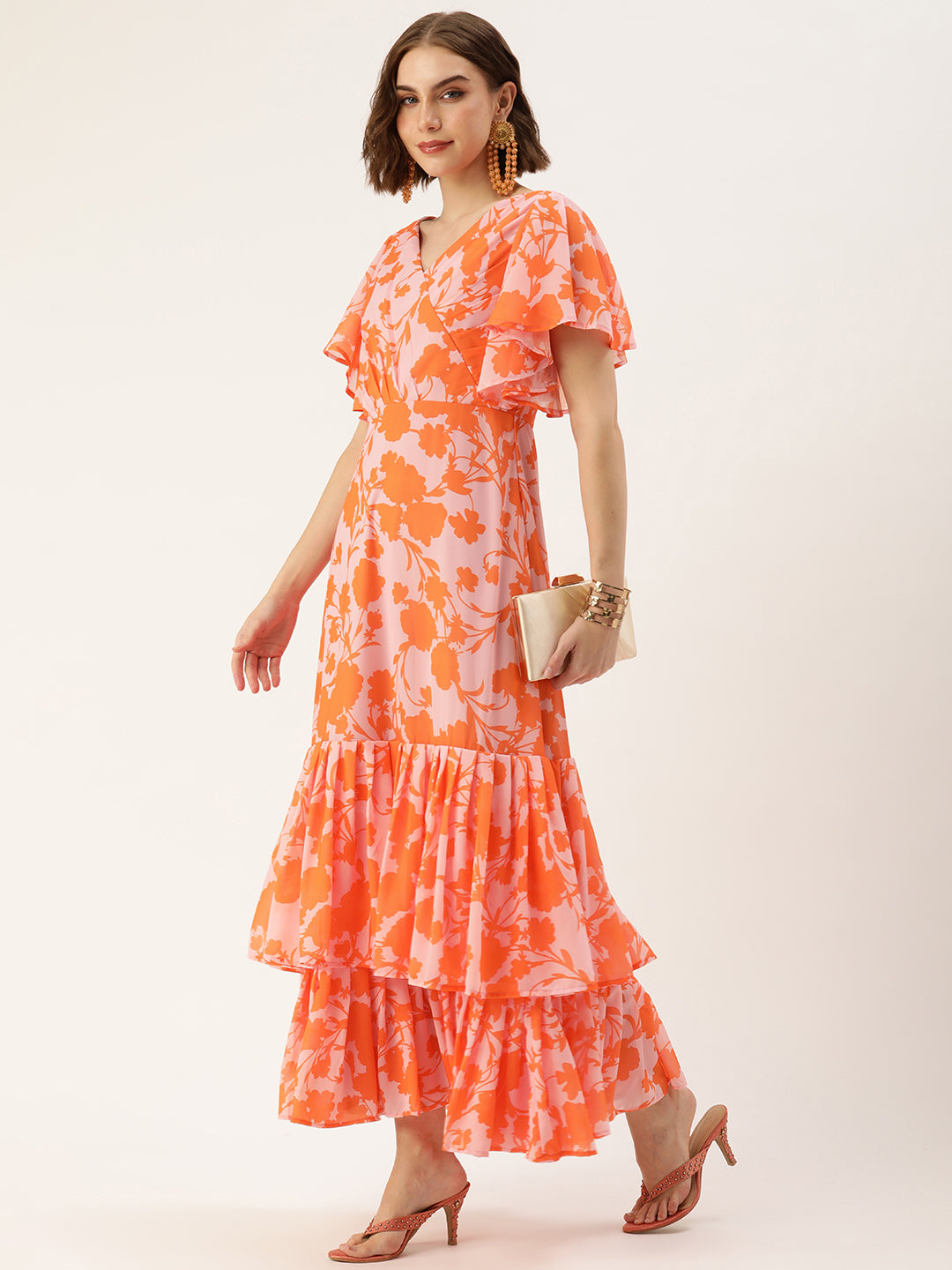 Bollywood Vogue Ready To Wear Pink N Orange Georgette Digital Printed Gown - Detail View