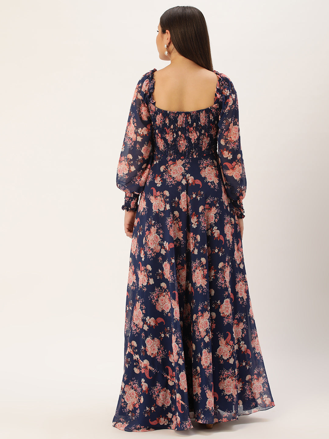 Bollywood Vogue Ready To Wear Blue Georgette Printed Pleated Yoke Gown - Back View