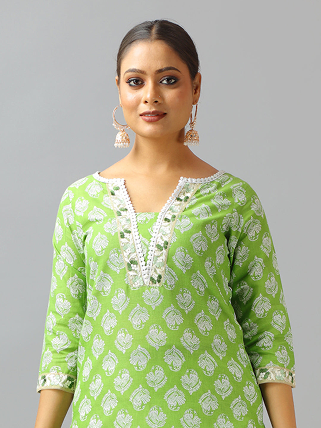 Bollywood Vogue Ready To Wear Green Cotton Printed Narrow Straight Pant Suit - Additional View 1