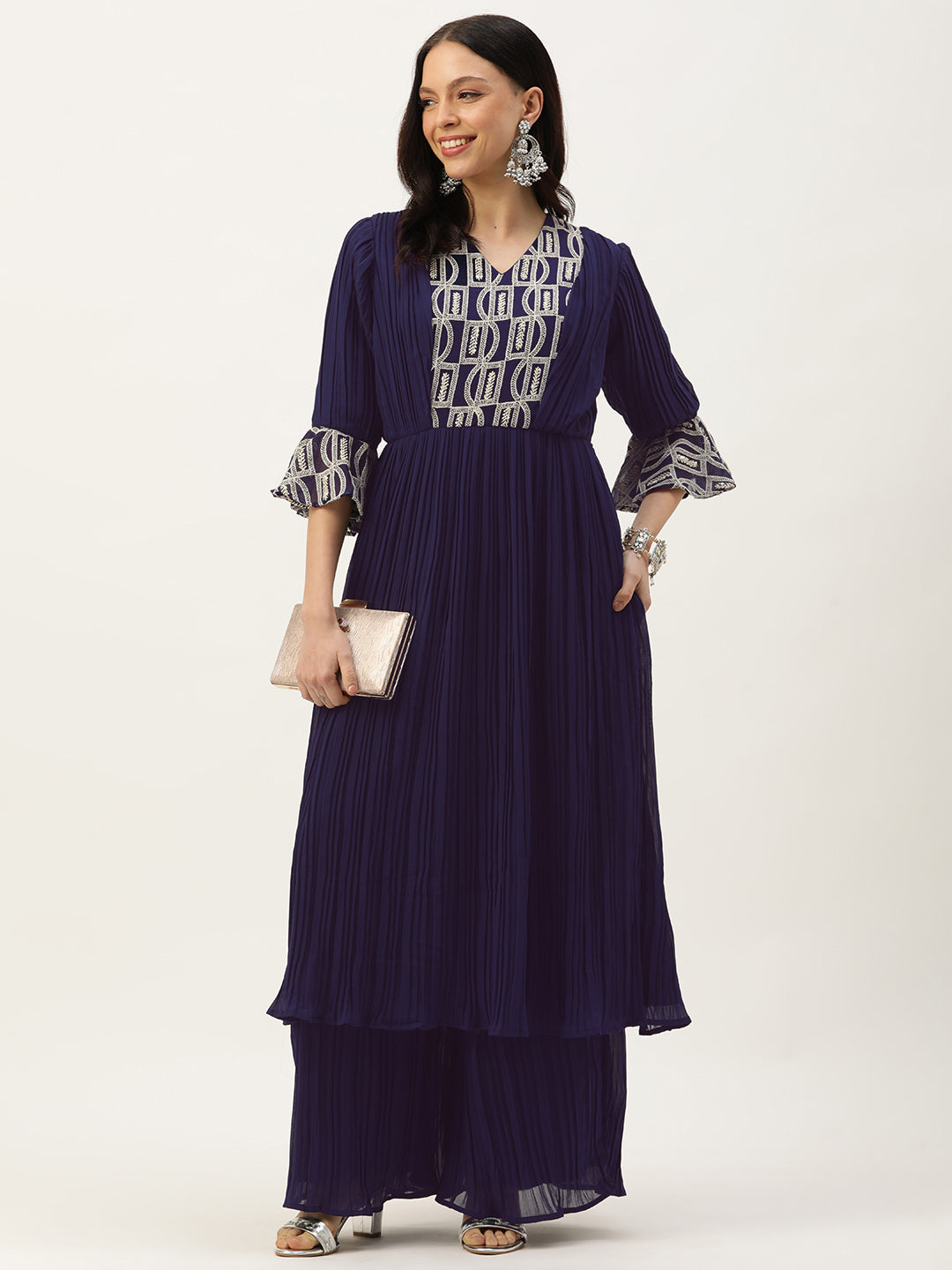 Bollywood Vogue Ready To Wear Navy Blue Embroidered Kurta sets - Front View