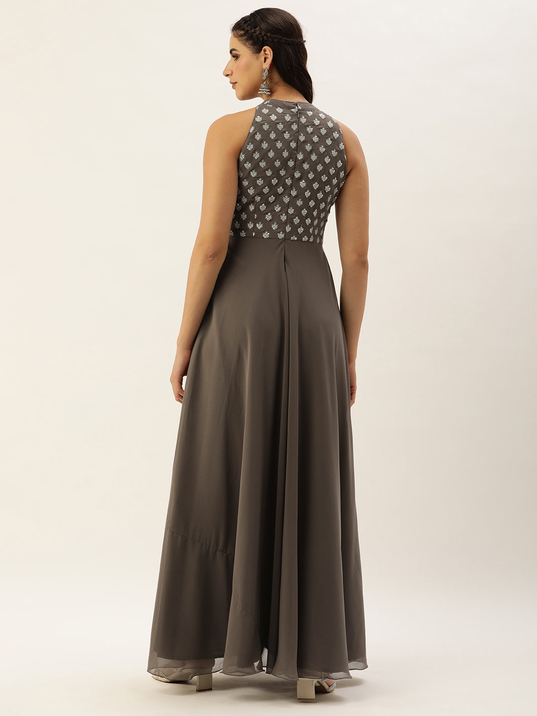 Bollywood Vogue Ready To Wear Grey Embroidered Halter Neck Gown - Back View