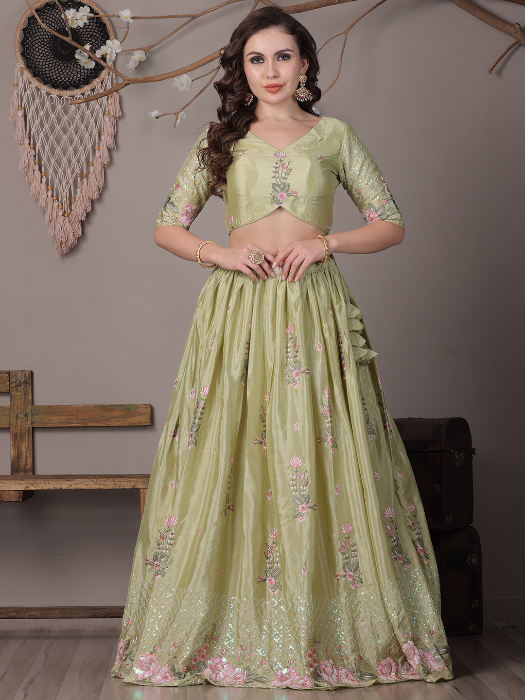 Bollywood Vogue Ready To Wear Green Chinon Embroidered Lehenga - Additional View 1