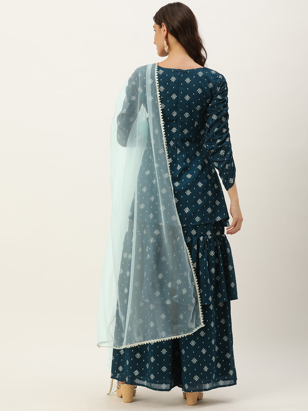 Bollywood Vogue Ready To Wear Blue Art Silk Layered Gharara Suit - Back View