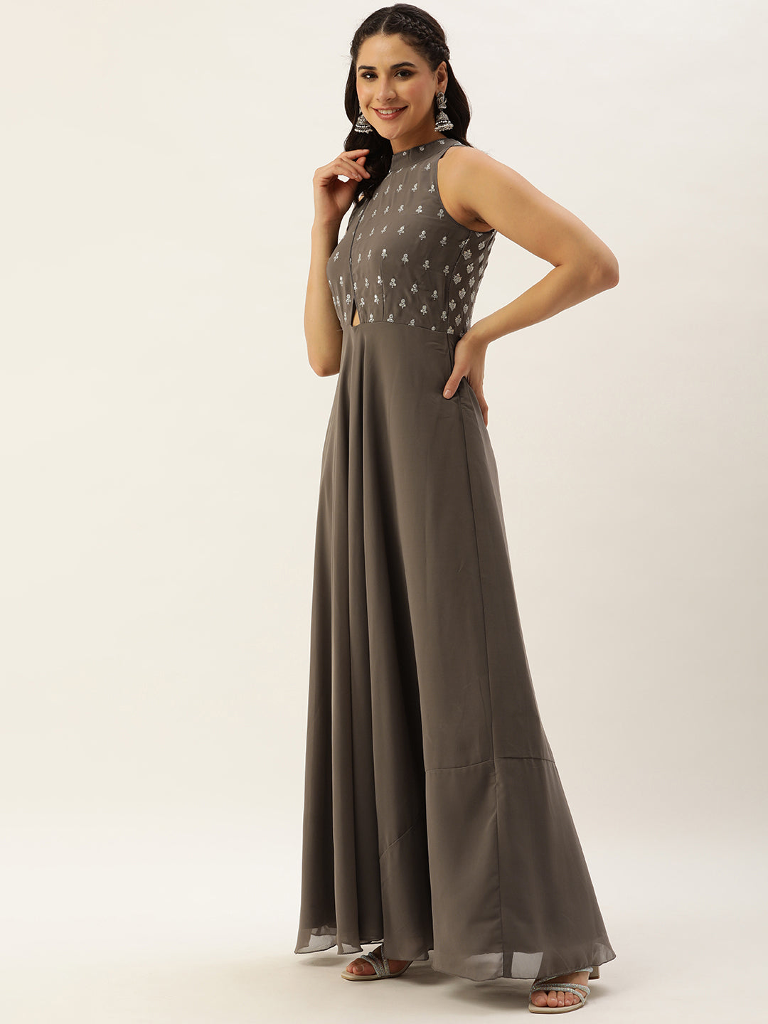 Bollywood Vogue Ready To Wear Grey Embroidered Halter Neck Gown - Side View