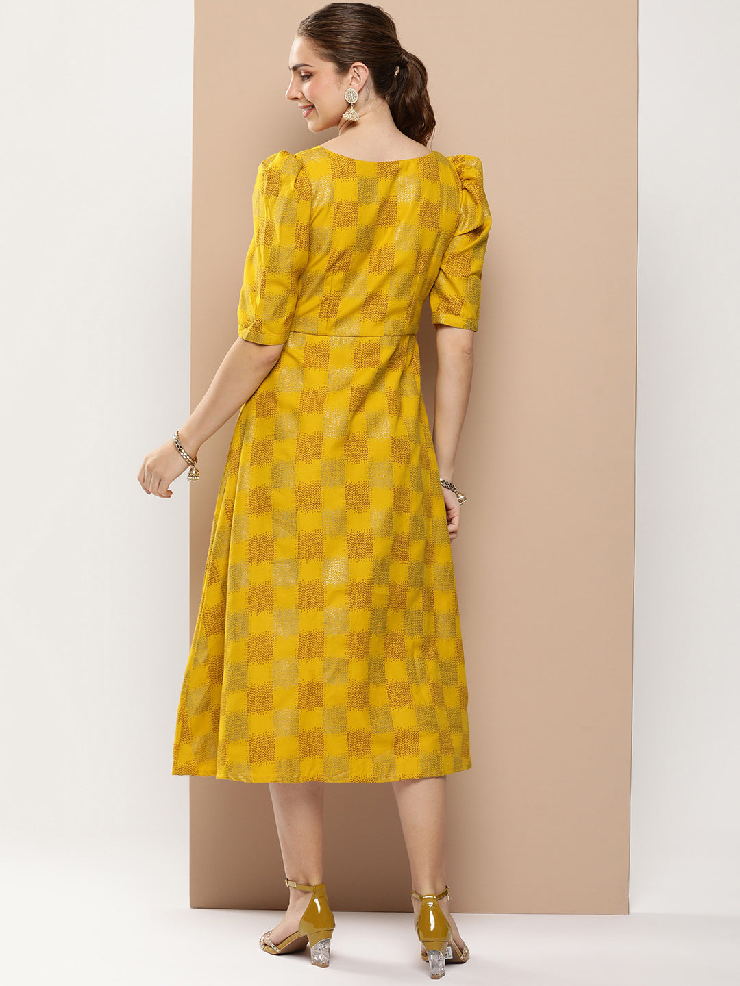 Bollywood Vogue Ready To Wear Mustard Rayon Printed A-Line Dress - Back View