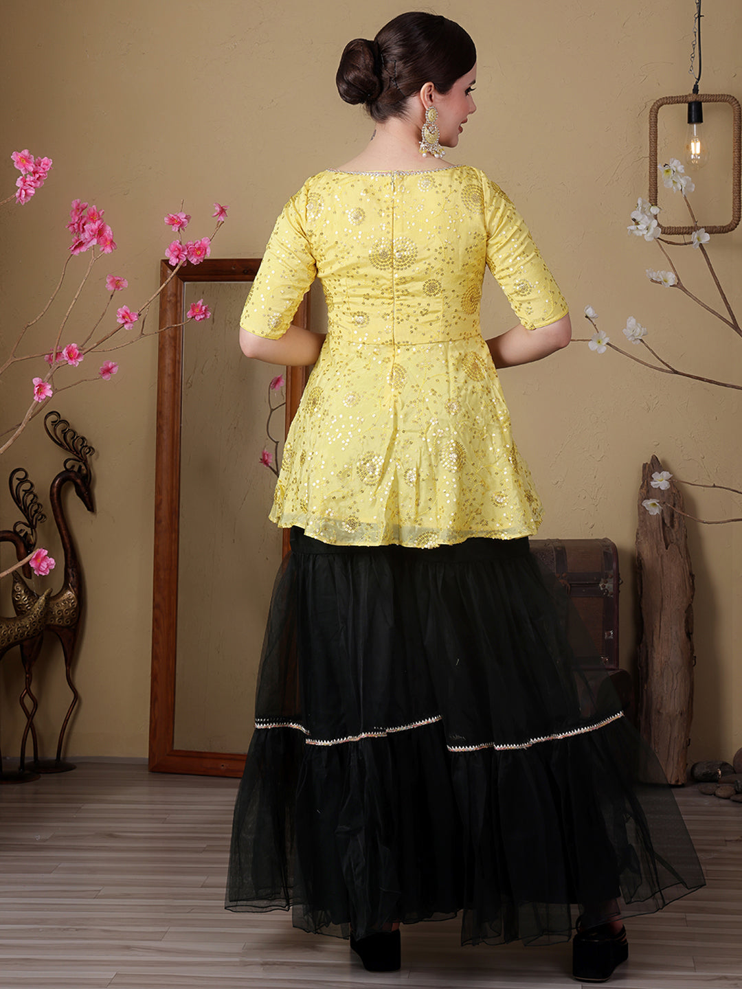 Bollywood Vogue Ready To Wear Yellow Chinon Embroidered N Green Net Gharara Set - Detail View