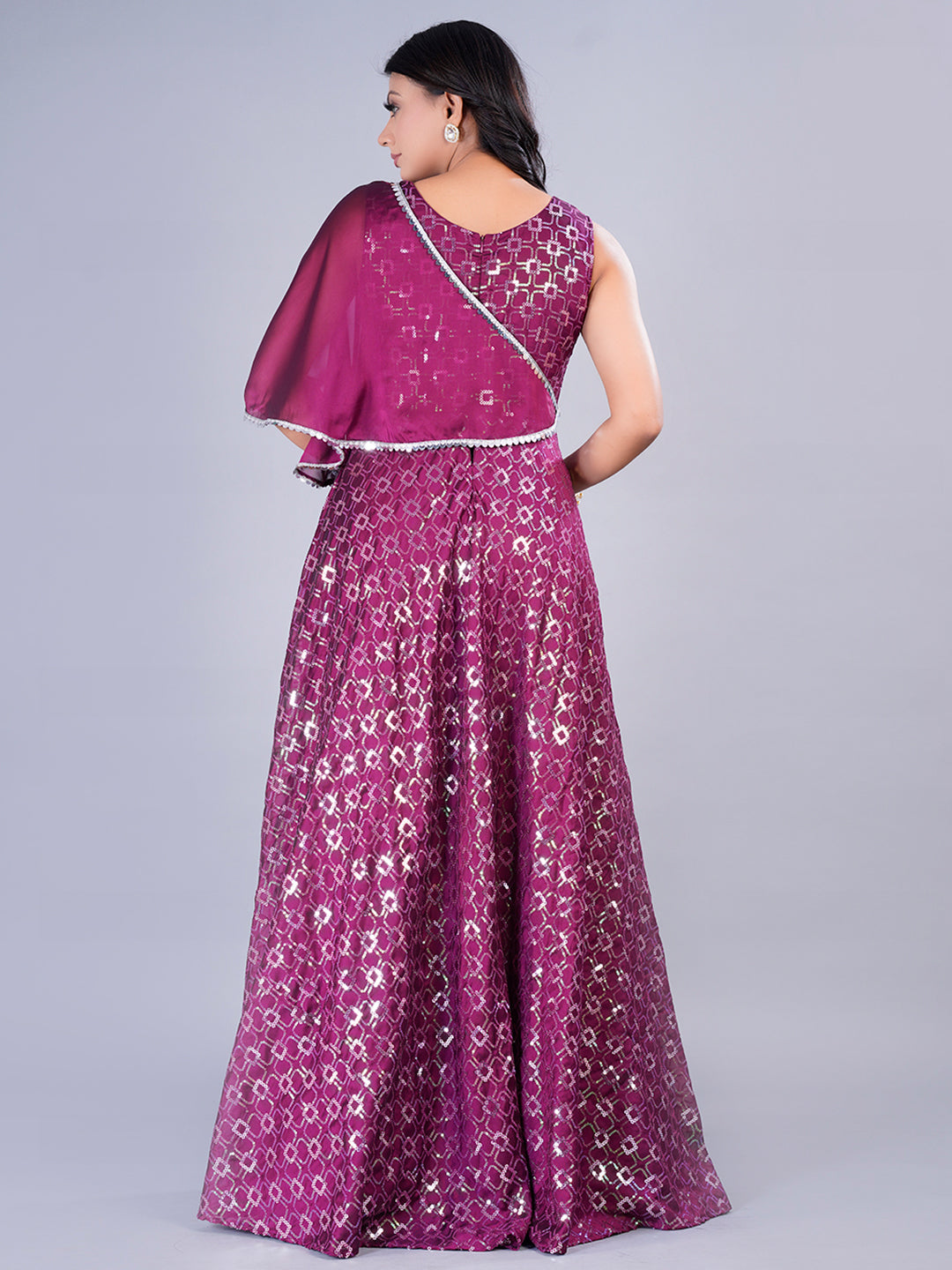 Bollywood Vogue Ready To Wear Wine Rangoli Embroidered Indo Western Gown - Back View