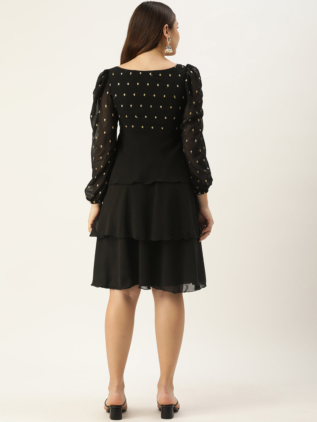 Bollywood Vogue Ready To Wear Black Georgette Embroidered Layered Dress - Back View