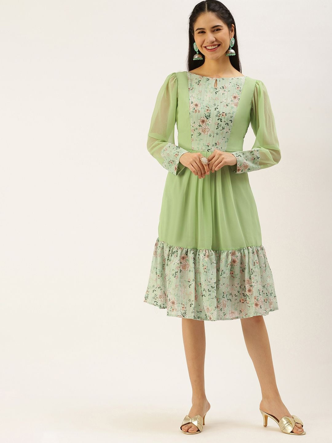 Bollywood Vogue Ready To Wear Green Digital Printed Dress - Front View