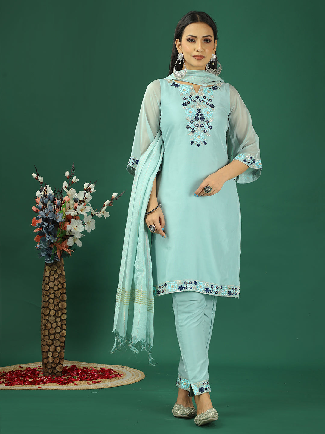 Bollywood Vogue Ready To Wear Blue Organza Embroidred Straight Pant Suit - Front View